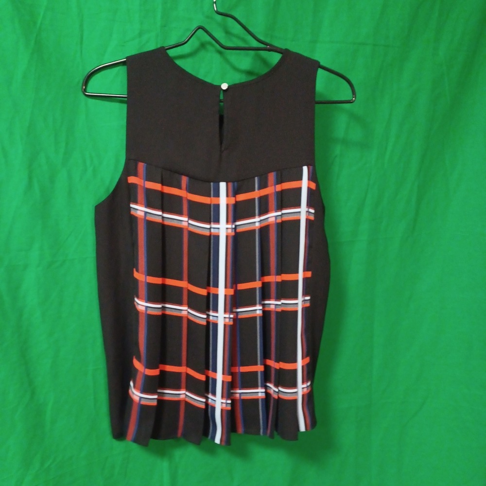 Vince Camuto Sleeveless Plaid‎ Pleated Blouse Black Orange Navy Size S